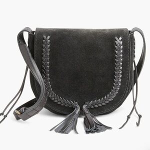 Lucky Brand Mini Saddle Bag Crossbody Black Suede Tassel Adjustable Leather Boho